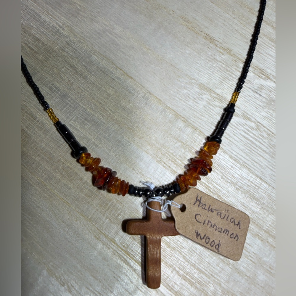 Handcrafted Hawaiian Cinnamon Wood Cross Beaded Necklace - Brown & Amber